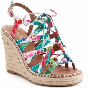 New Sugar Women's Hunnies floral canvas strappy braided jute wedge sandals